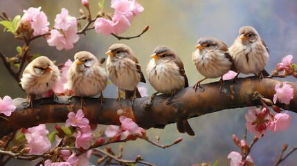 On a sunny May day, a group of little, amusing Sparrow Chicks
