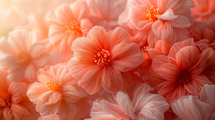 surreal flowers crafted from loofah or fabric by coral color soft pastel orange pink with copy space for text.
