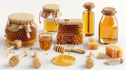 A collection of honey jars and honey sticks are displayed on a white background