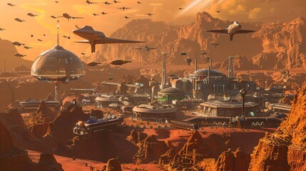 A 3D model of a city built on Mars, with futuristic buildings and flying vehicles, depicting humanitys potential for colonizing other planets