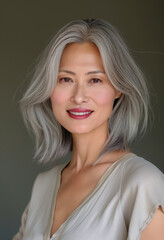 Naklejka premium beautiful Asian woman with silver hair, smiling, photo realistic, facing forward, headshot, wearing a light colored top