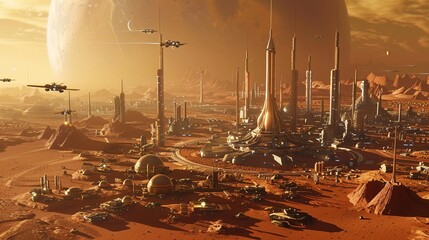 A 3D model of a city built on Mars, with futuristic buildings and flying vehicles, depicting humanitys potential for colonizing other planets