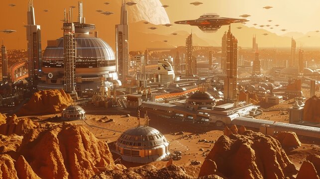 A model of a city built on Mars, with futuristic buildings and flying vehicles, depicting humanitys potential for colonizing other planets