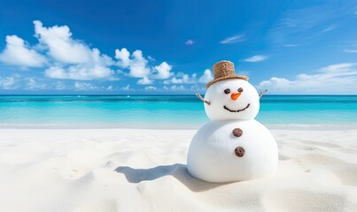 snowman on the beach under blue sky