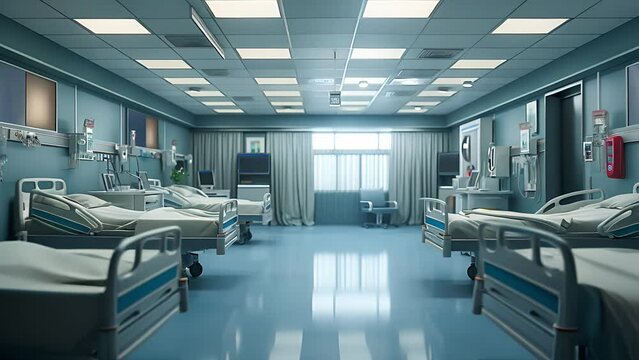 Interior of emergency room in modern clinic with empty hospital beds, Nurses station and various medical equipment