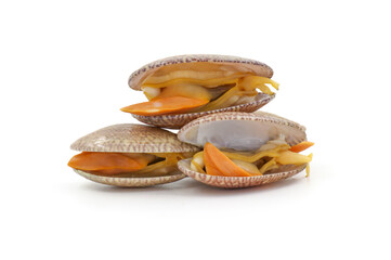 Closed up fresh baby clams, venus shell, shellfish, carpet clams, short necked clams, as raw food from the sea are the seafood ingredients. fresh clams Background.