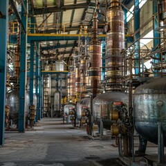 Naklejka premium Distillation Towers: A real photo shot of distillation towers at work, where crude oil is separated into various components based on boiling