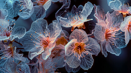 ethereal sakura branch with translucent petals resembling sea anemones in a mystical undersea illusion