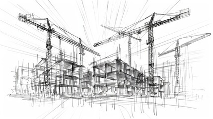Hand-drawn, vector line sketch of a construction site
