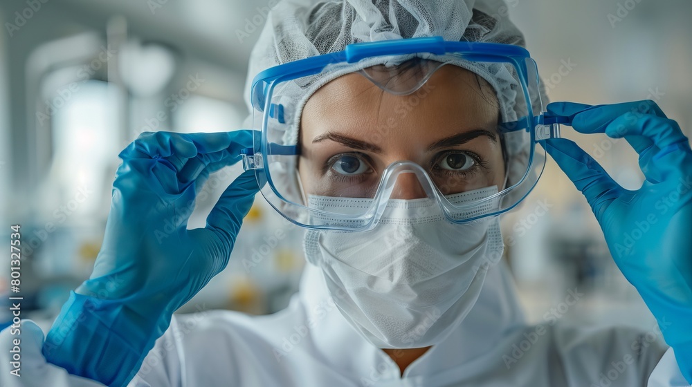 Wall mural A female lab scientist, doctor, or nurse is seen wearing a clean suit, blue gloves, and protective eyewear in this image of UK front-line medical personnel handling Hospital COVID-19 pandemic crisis