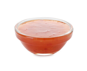 Tasty chili sauce in bowl isolated on white