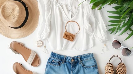 Against a white background, a feminine summer fashion composition features a blouse, slippers, purse, sunglasses, watch, and jean shorts. Flat lay, minimalist clothing collage from above.