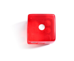 One red game dice isolated on white, top view