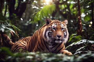 Fototapeta premium 'jungle animaux animali animals giungla animal lion tiger monkey wild fun vegetation leaf nature green baby children childhood yearling kindergarten illustration decoration'