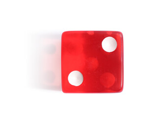 One red game dice isolated on white, top view