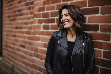 Portrait of a content woman in her 40s sporting a stylish leather blazer isolated in vintage brick wall