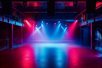 Empty stage with red and blue spotlights in the dark, night club