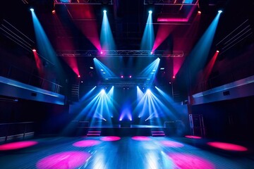 Stage Spotlight with Laser rays, stage lighting effect, stage lighting equipment and nightclub floor dance.