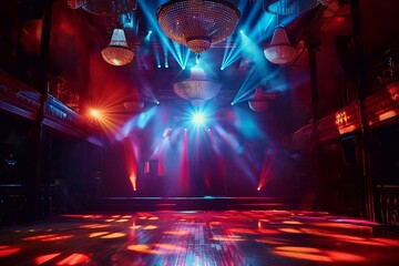 Colorful lighting effect on stage in a nightclub with large chandeliers on the ceiling. Abstract background