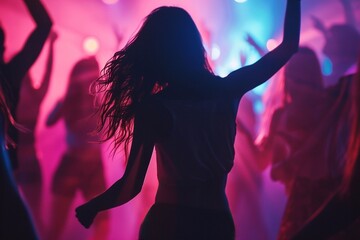 Silhouette of a young woman dancing in a nightclub and enjoying the party