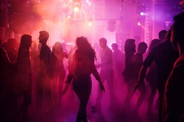 Silhouette of dancing people at night club with colorful lights and smoke.