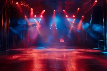 Stage Spotlight with Laser rays and smoke. Stage lighting effect. Scene of the night club with bright rays of light and smoke