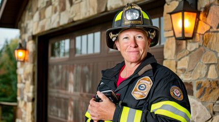 A confident female firefighter stands in front of a residential building, fully equipped with her helmet and radio, ready for duty.
