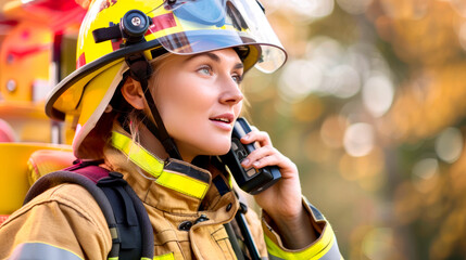 Female Firefighter Communicating in Autumn Forest
