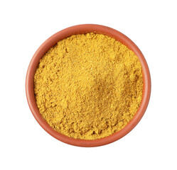 Curry powder in bowl isolated on white, top view