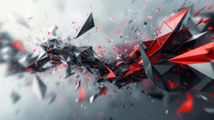 Monochrome image featuring a chaotic arrangement of abstract geometric shapes with striking red accents.