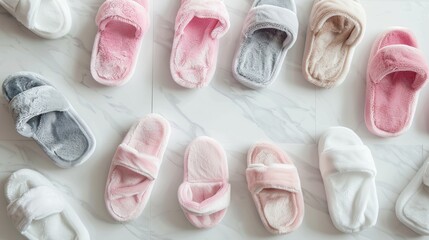 Various types of soft slippers on a flat lay background of white marble