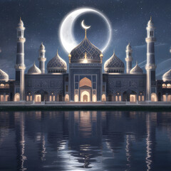 The beautiful serene mosque at night.