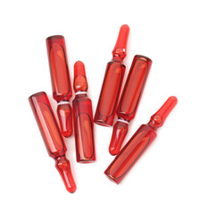 Glass ampoules with liquid isolated on white, top view