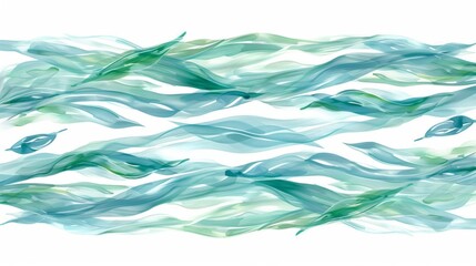 Abstract design of water waves intertwined with leaves, conveying calm and renewal, in pastel...