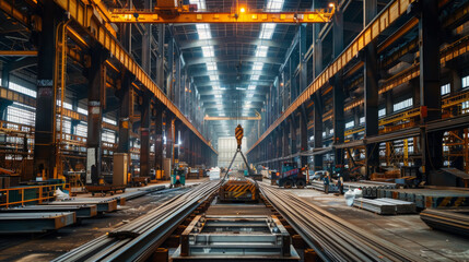 Fototapeta premium Wide view of a vast industrial hall in a manufacturing plant, showcasing complex machinery and steel beams.