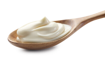 Natural yogurt in wooden spoon isolated on white