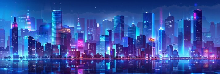 Big city street at night with neon lights that glow blue and purple, perspective view, panoramic skyline of buildings and homes, vector-illuminated urbanism, and horizontal banner