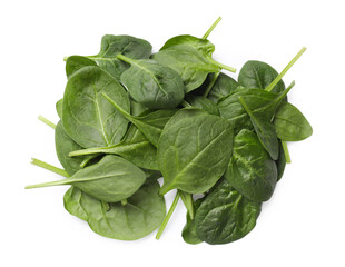 Pile of fresh spinach leaves isolated on white, top view