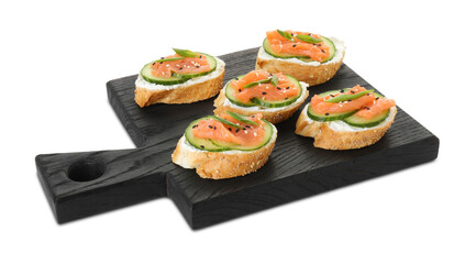 Tasty canapes with salmon, cucumber and cream cheese isolated on white