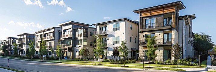 In Richardson, North Dallas, a brand-new row of three-story single-family homes faces Panorama Park. Contemporary urban housing design featuring side-by-side private courtyards close to a wide road