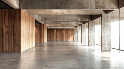 A perspective view of a vacant concrete floor featuring a cement structure and an external wooden...