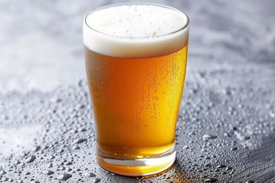 Close up of foamy beer glass with water droplets, stock photography image for commercial use