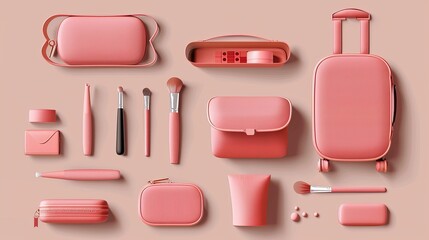 Vector illustration of a portable cosmetics bag for makeup and personal hygiene products. Small suitcase packaging with realistic mockup isolated set for a woman's personal accessory
 - Powered by Adobe
