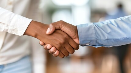 Professional handshakes and office greetings, welcomes, and agreements. Closeup of man and woman shaking hands in the workplace for collaboration, transaction, or thank you.