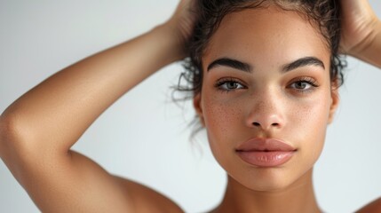 Naklejka premium Salon treatment, shampoo, and cosmetics provide women smooth texture, shine, and wellbeing in studio background. Serious girl model, hair grow, scalp treatment