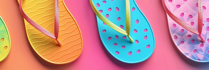 Model of realistically colored flip flops. 3D rubber footwear. top view of bright sandals with patterns. Summer footwear for the beach. accessories for the feet in the bathroom. Casual clothing.