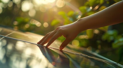 Solar energy, sustainability, or inspecting solar panels for quality control. An innovator or engineer creating energy-saving photovoltaics