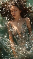 Obraz premium Capture the elegance of underwater fashion trends with a close-up shot of a model in a shimmering, iridescent gown, surrounded by flowing seaweed and ethereal jellyfish Use innovative lighting techniq