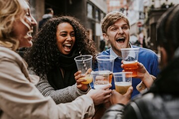 Diverse friends drinking beer in plastic cups