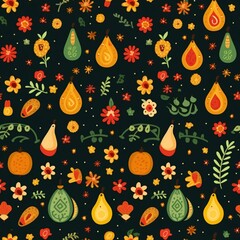 Seamless Waldorf pattern with elements of Steiner-inspired folk art, colorful and educational